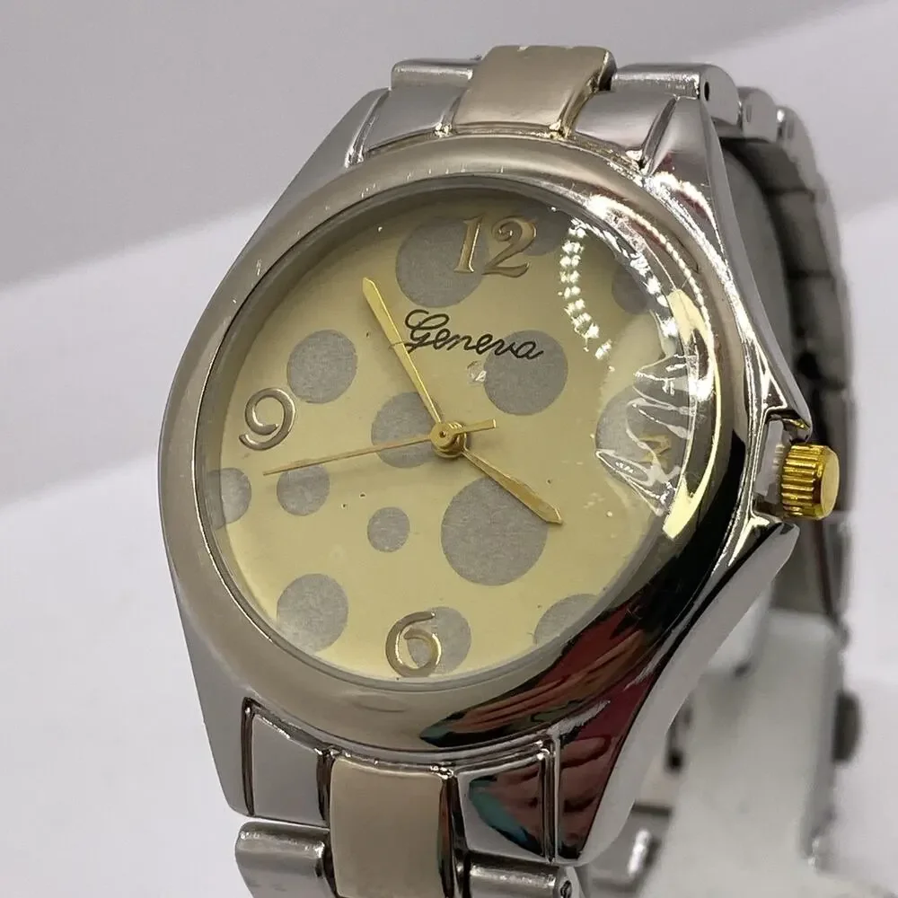 Geneva Polka Dot New Womens Silver Gold Quartz Fashion Watch Works New Battery